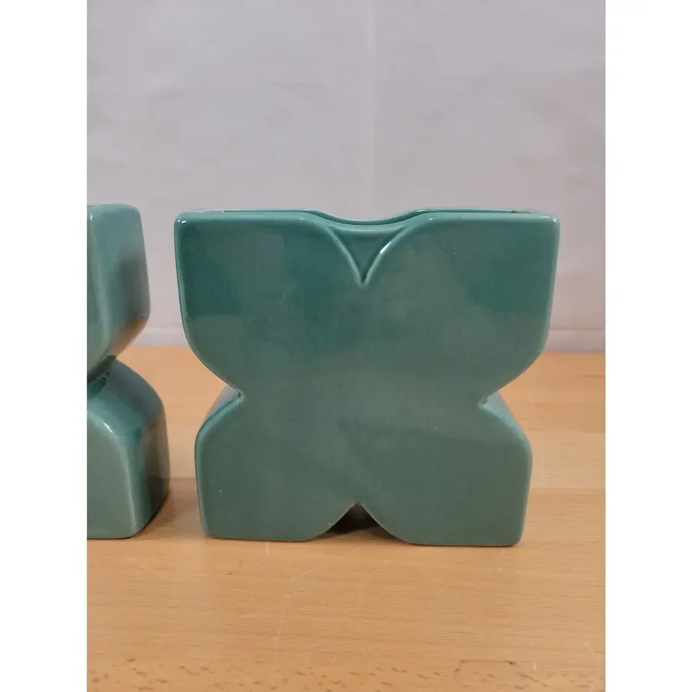Pair Ceramic Vases Teal Blue Flower Pocket Planter 5” x 5” READ